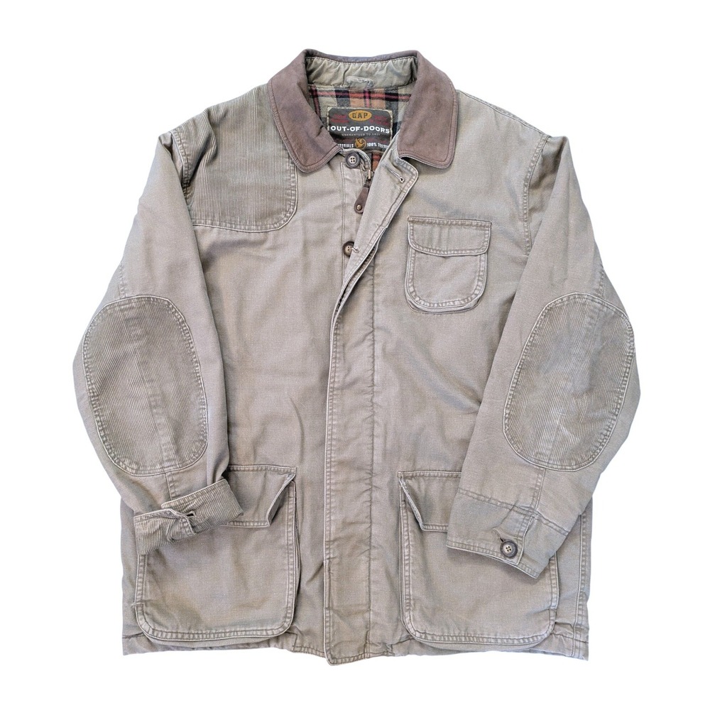 Vintage 90s GAP Out-Of-Doors Barn Jacket Leather Collar Corduroy Elbow Patch L